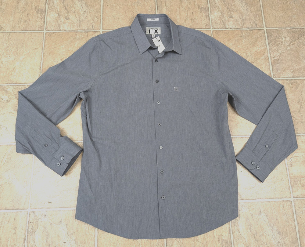 Express 1MX Fitted Shirt sz XL 17-17 1/2" gray buttons ls stretchy 4874